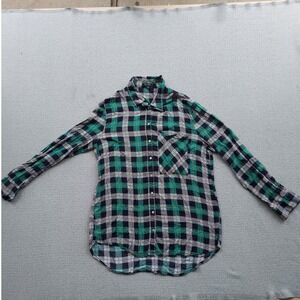 Velvet Heart Shirt Womens M Green Plaid Button Down Long Sleeve High Low Pocket
